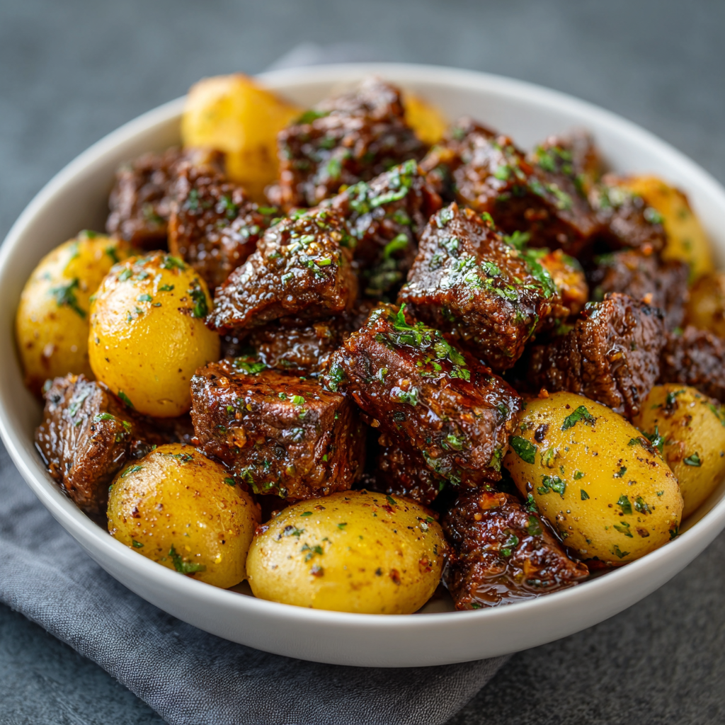 Slow Cooker Garlic Butter Beef Bites with Potatoes