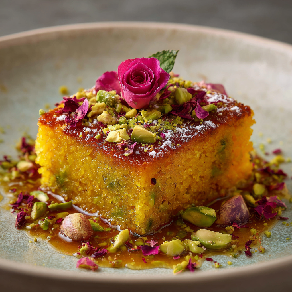 Saffron Pistachio Basbousa with Rose Syrup