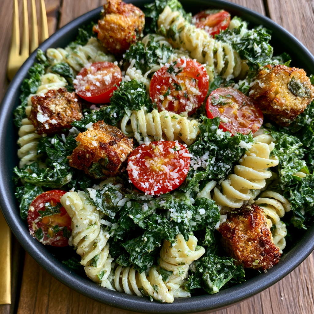 kale caesar pasta salad