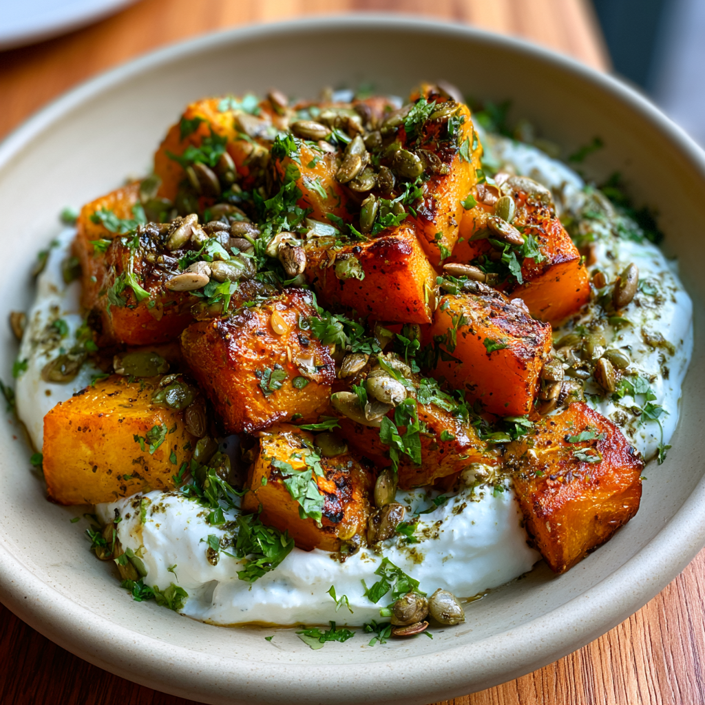 Roasted Butternut Squash with Yogurt and Curried Pepitas