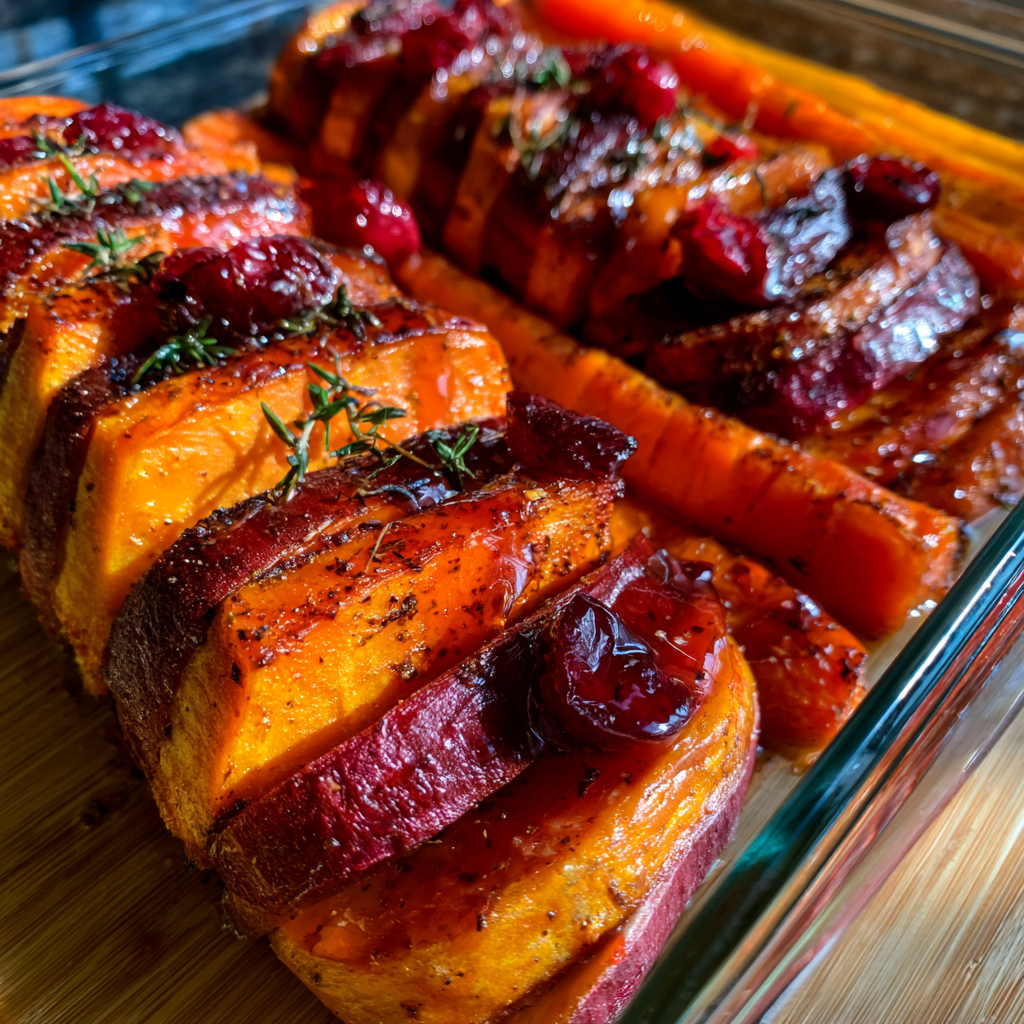 Sweet Potato, Squash & Carrot Bake with Cranberry-Honey