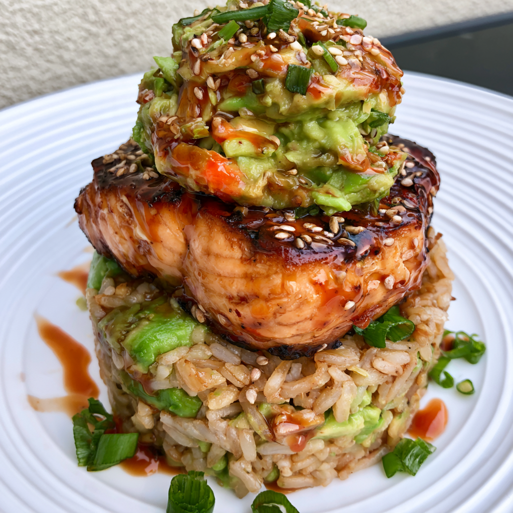 Teriyaki Glazed Salmon & Avocado Rice Stack